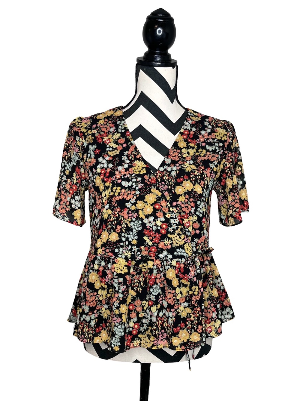 Madewell Boho Floral Whimsigoth Sheer Flutter Sleeve Wrap Peplum Blouse Sz XS